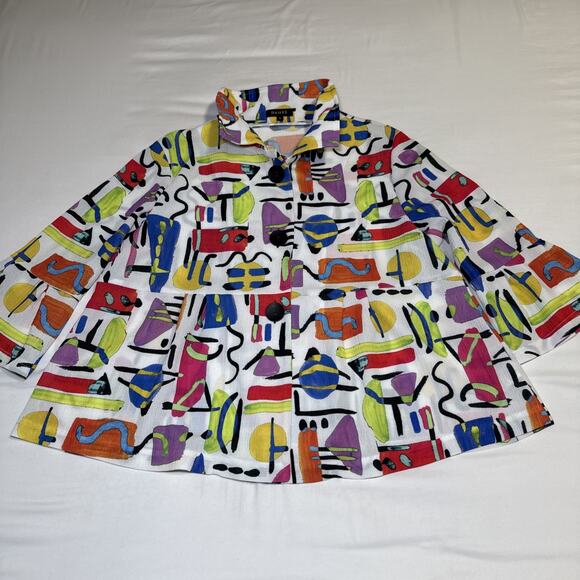 DAMEE Top Womens Large Colorful Button Up Shirt Ruffle Sleeve Blouse Artsy EUC - Picture 1 of 12